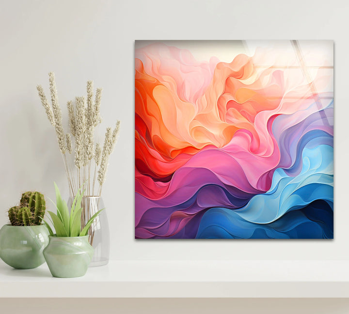 Colorful Fluid Abstract Glass Wall Art – Red, Pink & Blue Flowing Design - MyPhotoStation