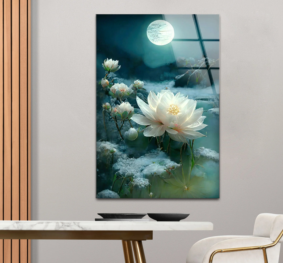 Moonlit White Lotus Glass Wall Art – Tranquil Floral Design with Ethereal Night Glow - MyPhotoStation