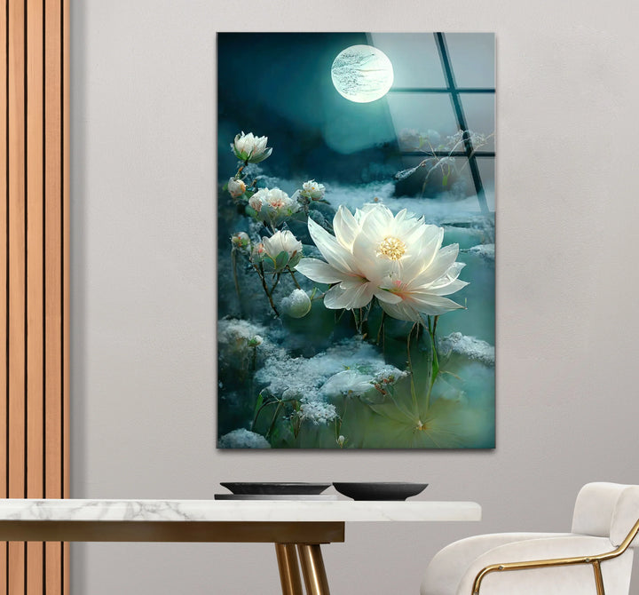 Moonlit White Lotus Glass Wall Art – Tranquil Floral Design with Ethereal Night Glow - MyPhotoStation