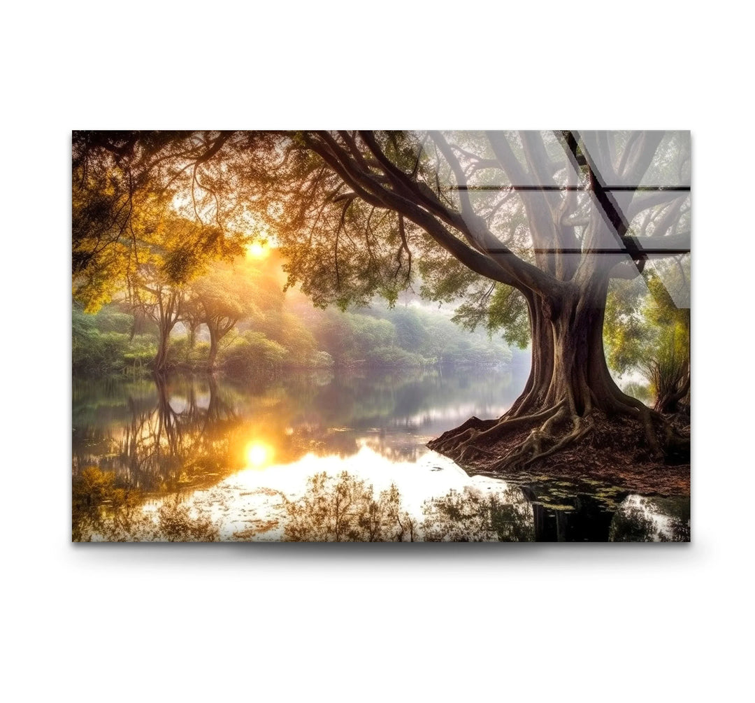 Golden Forest Sunrise Reflections – Majestic Tree and River Glass Wall Art - MyPhotoStation