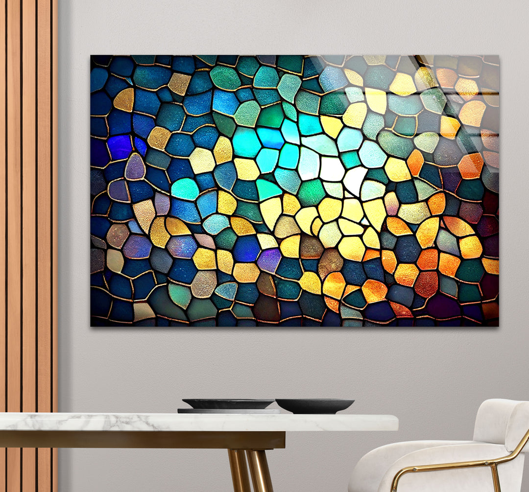 Moderne Wanddekoration aus Buntglas – Abstraktes Mosaikmuster in Blau und Gold