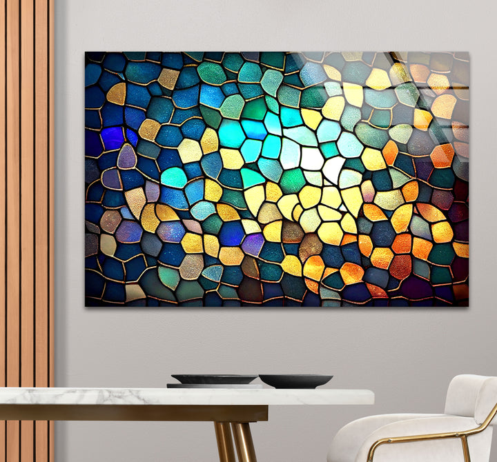 Moderne Wanddekoration aus Buntglas – Abstraktes Mosaikmuster in Blau und Gold