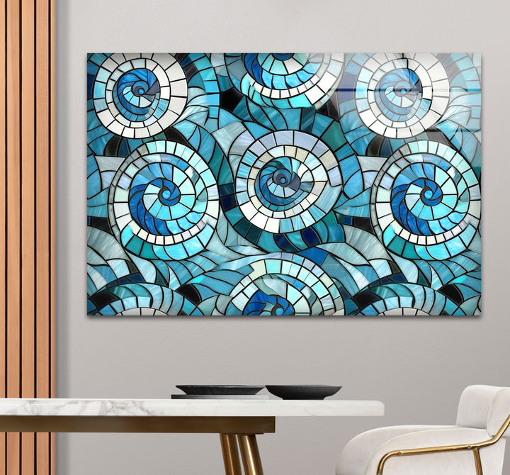 Nautical Spiral Stained Glass Wall Art – Blue Ocean Wave Design