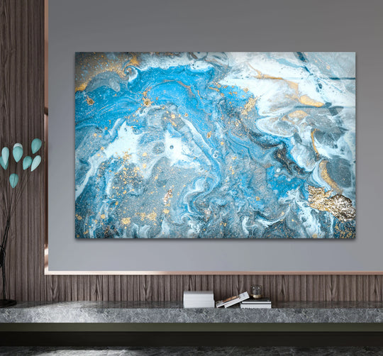 Abstract glass art with swirling sapphire, navy, and gold marble textures, reminiscent of ocean waves.
