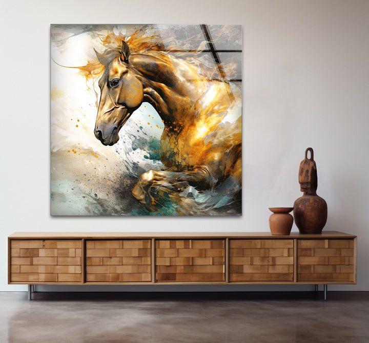 Golden Gallop Wandkunst – Majestätisches Pferd Abstraktes Glasdruckdekor