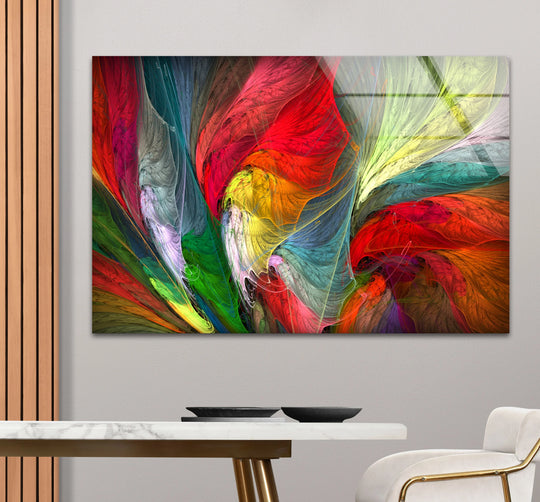 This horizontal, abstract rainbow glass print features a dynamic feather burst shape, perfect for modern home decor.