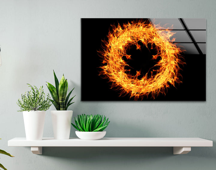 Fiery Ring Wall Art – Flame Circle Abstract Design on Tempered Glass