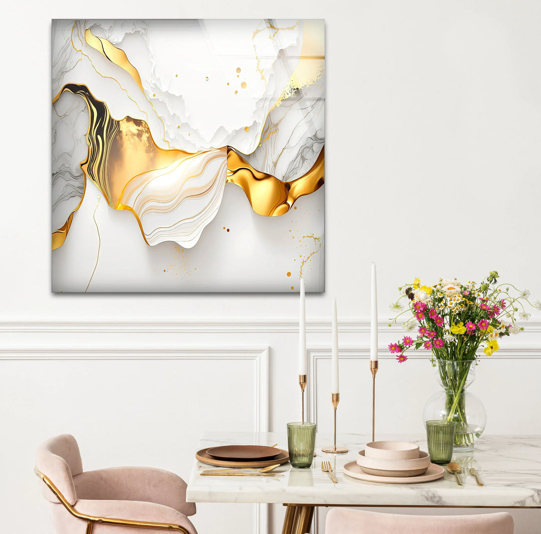 White and Gold Abstract Wall Art – Luxury Fluid Marble Glass Print for Modern Glam Interiors and Chic Living Spaces - MyPhotoStation