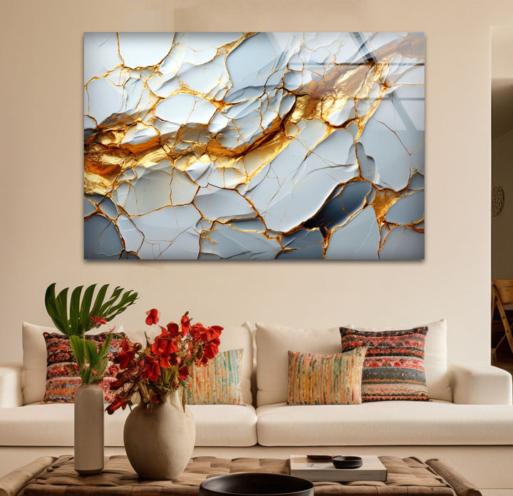Golden Vein Marble Glass Wall Art – Luxury Abstract Stone Design for Modern Interiors