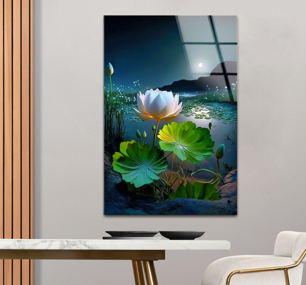 Moonlit Lotus Flower Glass Wall Art – Serene Night Lake Scene for Tranquil Home Decor - MyPhotoStation