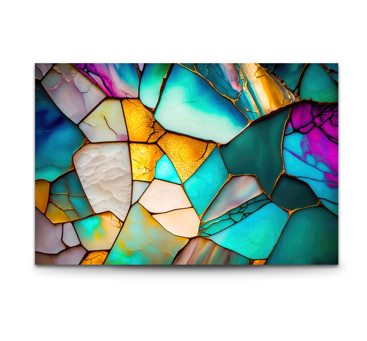 Modern Stained Glass Abstract Wall Art – Teal & Gold Geometric Glass Print