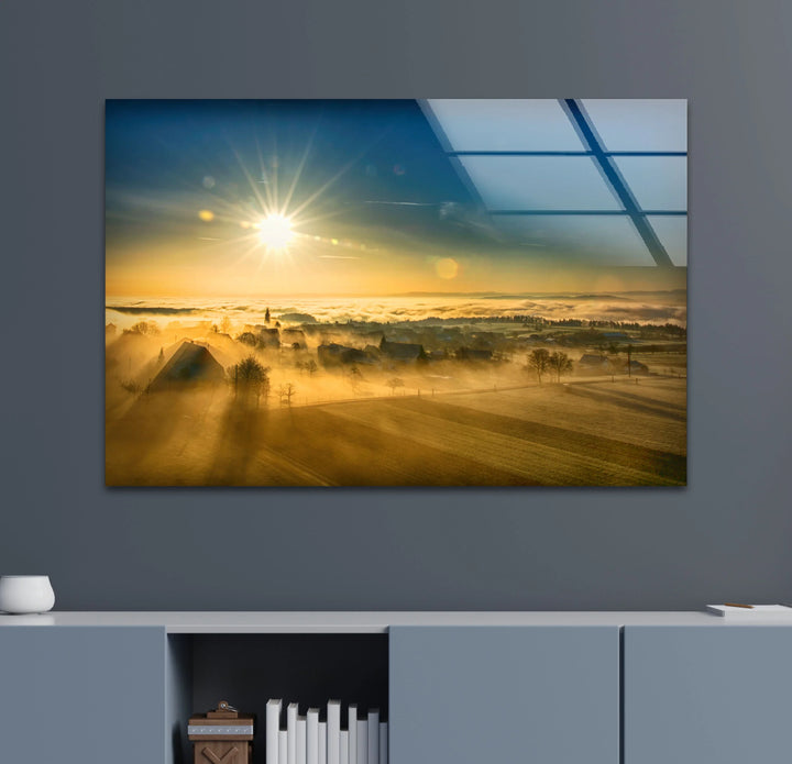 Golden Sunrise Over Foggy Countryside – Serene Morning Landscape Glass Wall Art - MyPhotoStation
