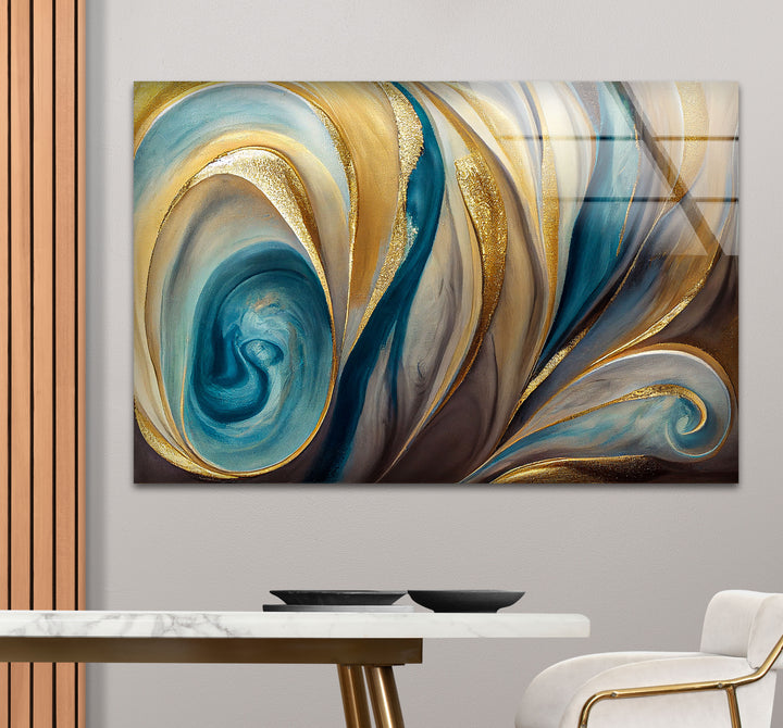 Teal Gold Swirl Wall Art – Elegant Abstract Glass Print for Modern Interiors
