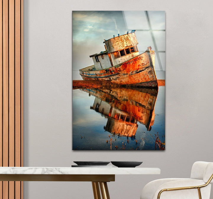 Rustic Abandoned Boat Glass Wall Art – Reflections of Time Nautical Print - MyPhotoStation