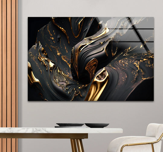 Luxurious abstract art from glass evokes a mood of opulent drama with its swirling black and gold fluid design.