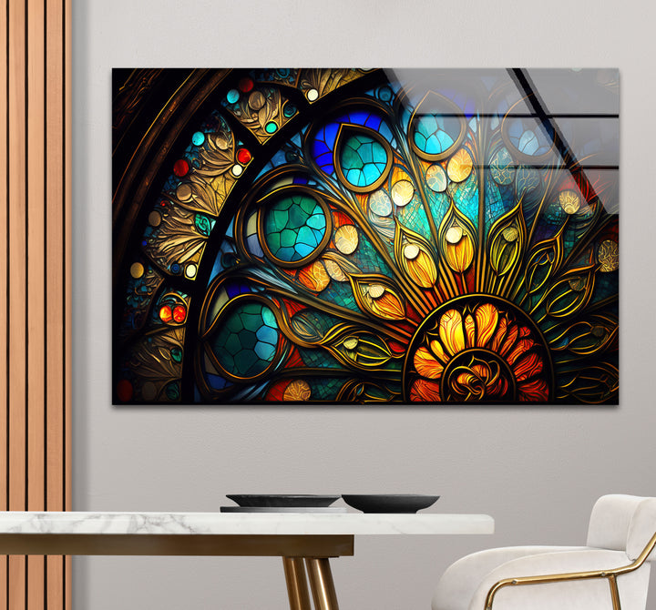 Buntglasfensterkunst – Elegantes gotisches Rosettenfenster-Design