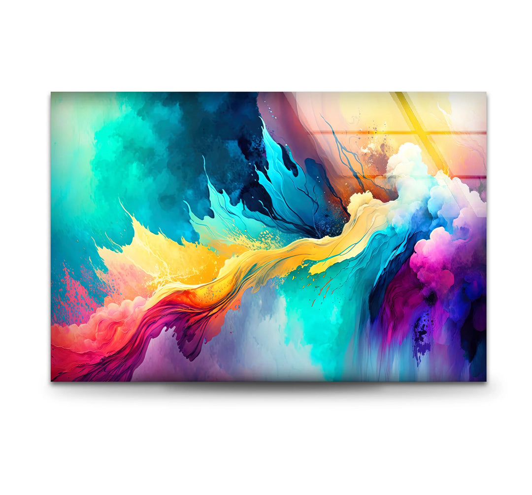 Explosive Color Abstract Glass Wall Art – Vibrant Turquoise & Yellow Energy - MyPhotoStation