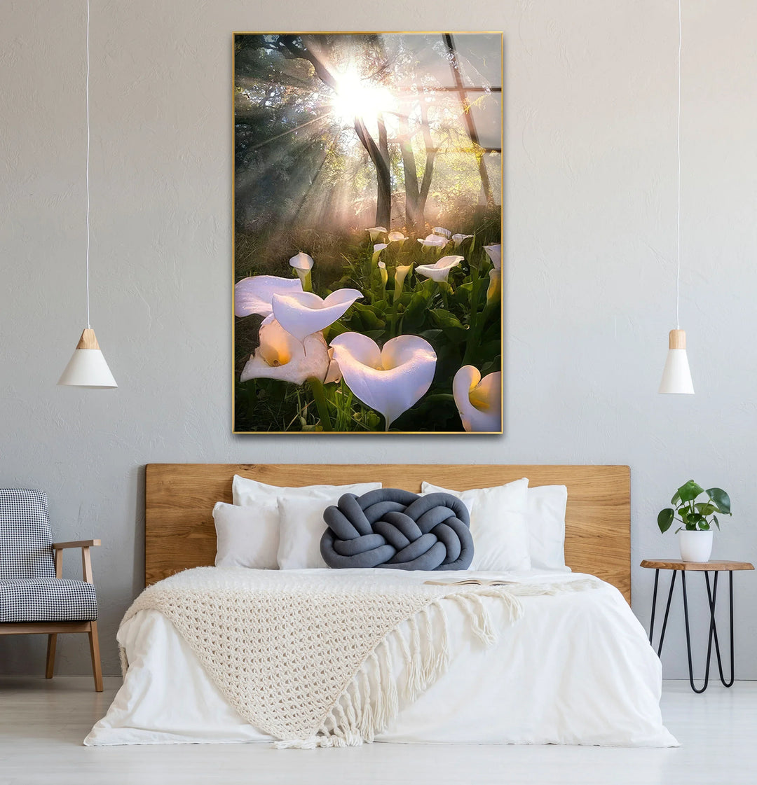 White Lily Forest Wall Art – Sunlit Flower Glass Print, Peaceful Botanical Nature Decor for Bedroom or Living Room - MyPhotoStation