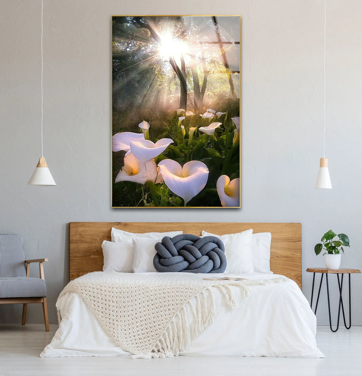 White Lily Forest Wall Art – Sunlit Flower Glass Print, Peaceful Botanical Nature Decor for Bedroom or Living Room - MyPhotoStation