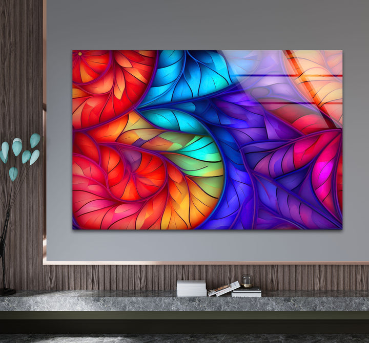 Rainbow Leaf Abstract Glass Wall Art – Multicolor Stained Design