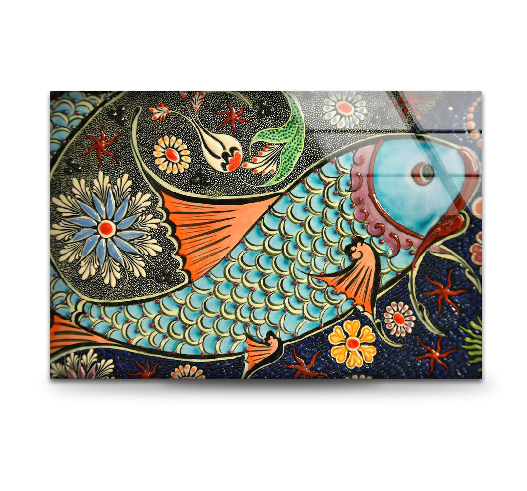 Floral Patterned Fish Wall Art – Turkish Ceramic-Inspired Glass Print - MyPhotoStation