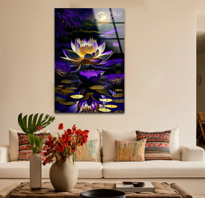 Moonlit Purple Lotus Glass Wall Art – Mystical Night Bloom Floral Print - MyPhotoStation
