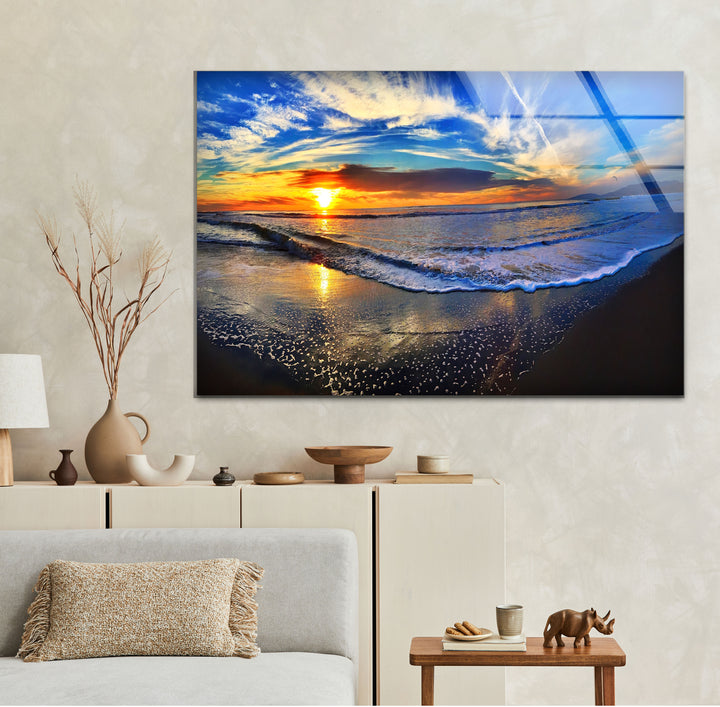 Sunset Beach Wave Wall Art – Vibrant Ocean Horizon Glass Print for Coastal and Modern Interiors