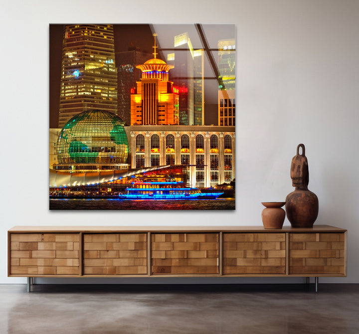 Shanghai Skyline Wall Art – Vibrant City Lights Glass Print for Modern Decor