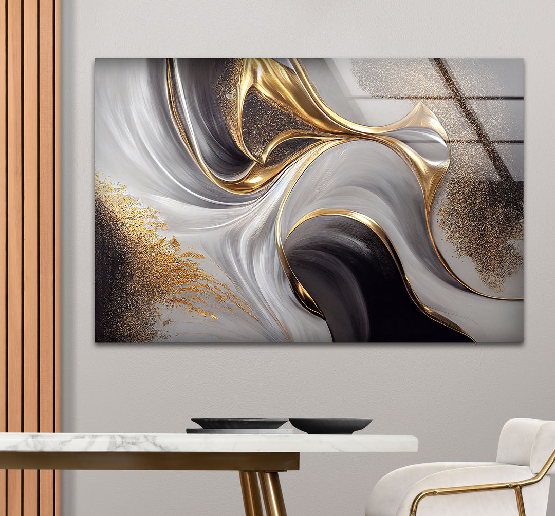 Gold Black White Abstract Wall Art – Elegant Fluid Wave Glass Print for Luxury Interiors