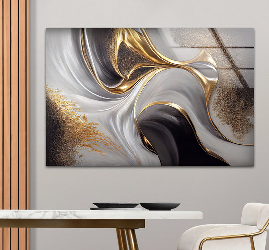 Reflective shadows define the lustrous gold and black abstract glass art painting.