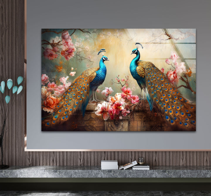 Elegant Peacock Wall Art – Floral Tempered Glass Print for Luxury Interiors