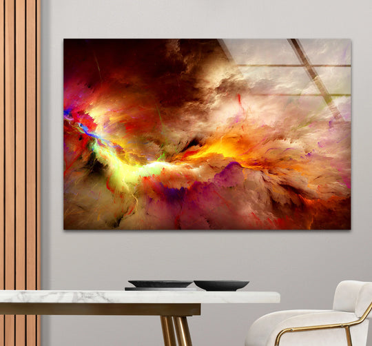 Fiery nebula explosion glass printing captures a cosmic storm in vibrant colors, creating a moment of breathtaking stillness.