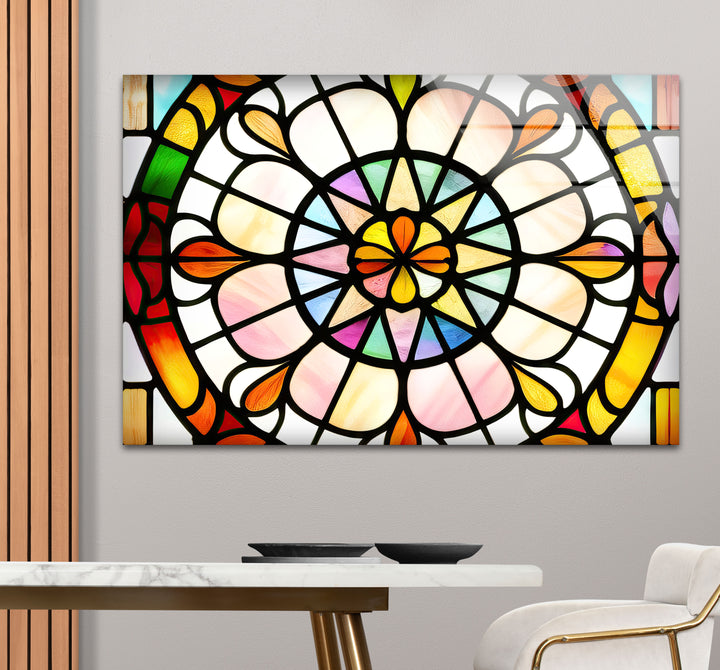Bunte Buntglas-Wandkunst – Lebendiges Rosenfenster-Glasdesign 
