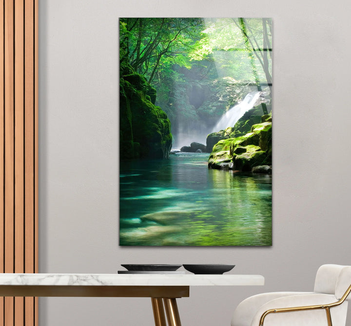 Tranquil Forest Waterfall Wall Art – Serene Nature Glass Print for Zen-Inspired Decor - MyPhotoStation