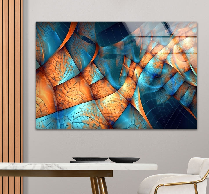 Fraktale Wellen-Glaswandkunst – Blaues und oranges abstraktes Flussdesign für moderne Räume 