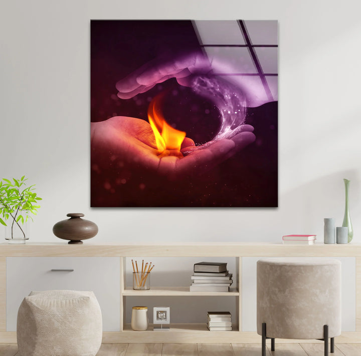 Fire and Water Yin Yang Wall Art – Duality Hands Glass Print for Modern Decor - MyPhotoStation
