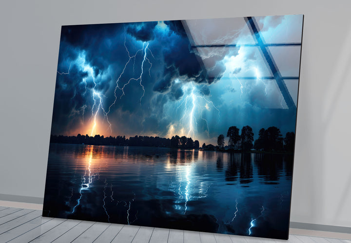 Lightning Storm Over Lake Wall Art – Dramatic Thunderstorm Glass Print