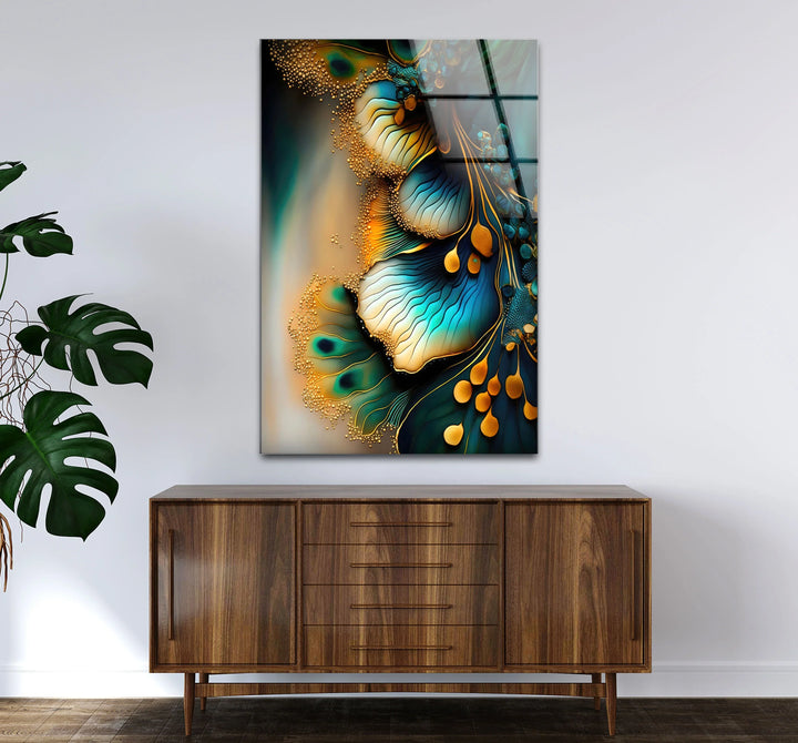 Teal Gold Abstract Floral Glass Wall Art – Elegant Botanical Flow Design - MyPhotoStation