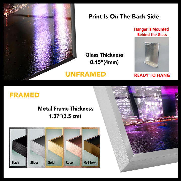 Futuristic Cityscape Wall Art – Neon Skyline Glass Print with Galaxy Night View