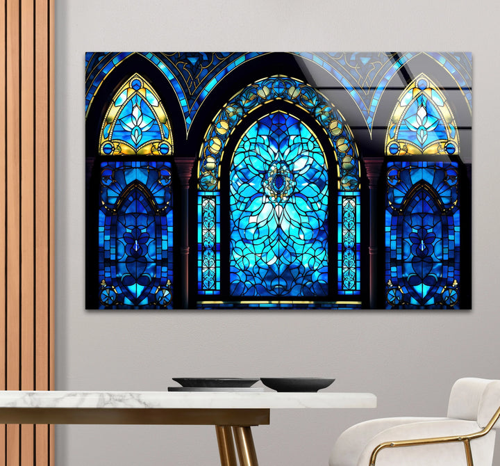 Gothic Blue Stained Glass Wall Art – Elegant Arched Window Design, Vintage Cathedral-Inspired Home Decor - MyPhotoStation