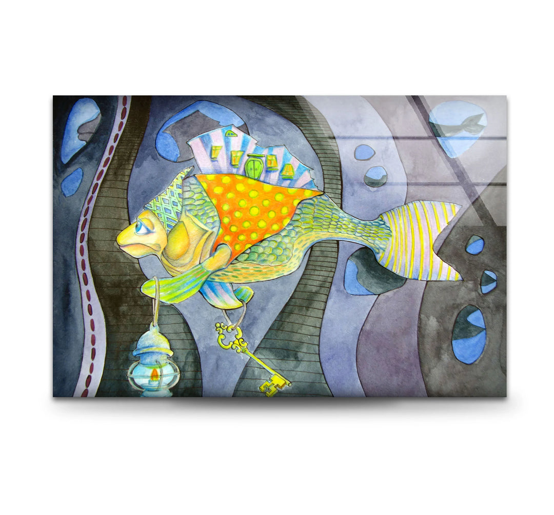 Surreal Fantasy Fish Wall Art – Whimsical Glass Print with Key & Lantern - MyPhotoStation