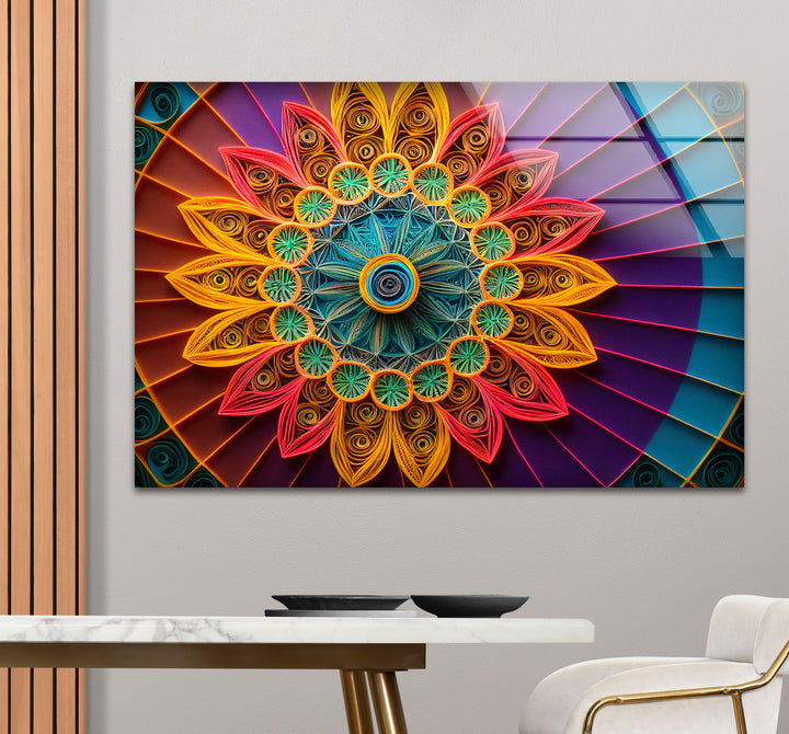 Mandala Glass Wall Art – Vibrant 3D Geometric Paper Design