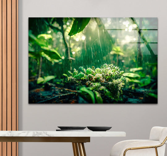 Glistening droplets create the loudest element within this lush rainforest, reflected beautifully in the vibrant, serene greenery of the glass art.