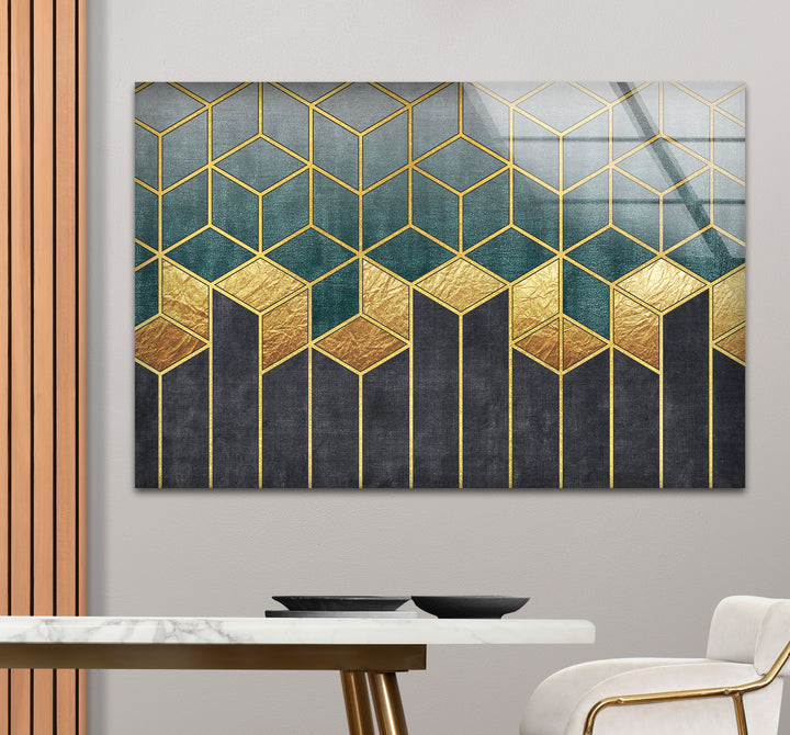 Gold Teal Geometric Wall Art – Luxury Patterned Glass Print for Modern Decor