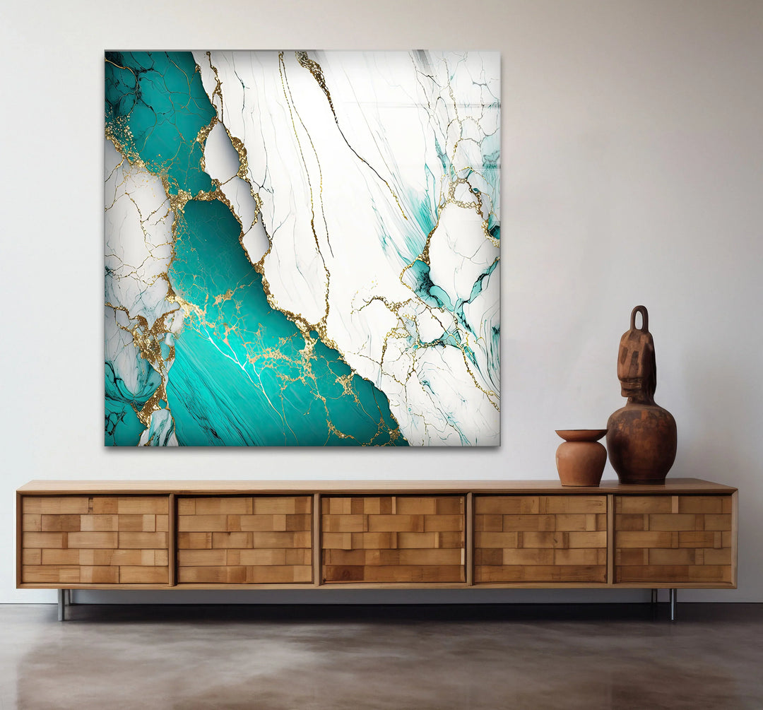 Teal and White Marble Wall Art – Luxury Abstract Glass Print with Gold Veins for Modern Interiors - MyPhotoStation