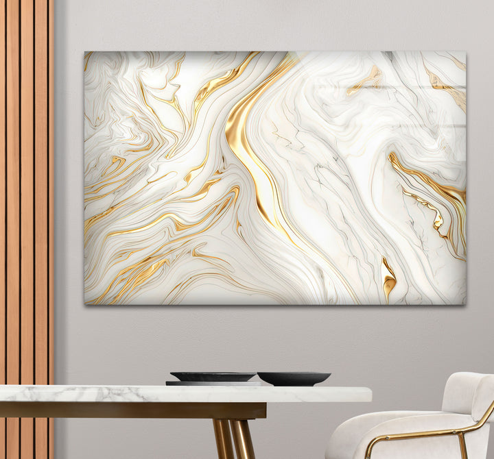 White & Gold Marble Glass Wall Art – Elegant Luxury Abstract Design