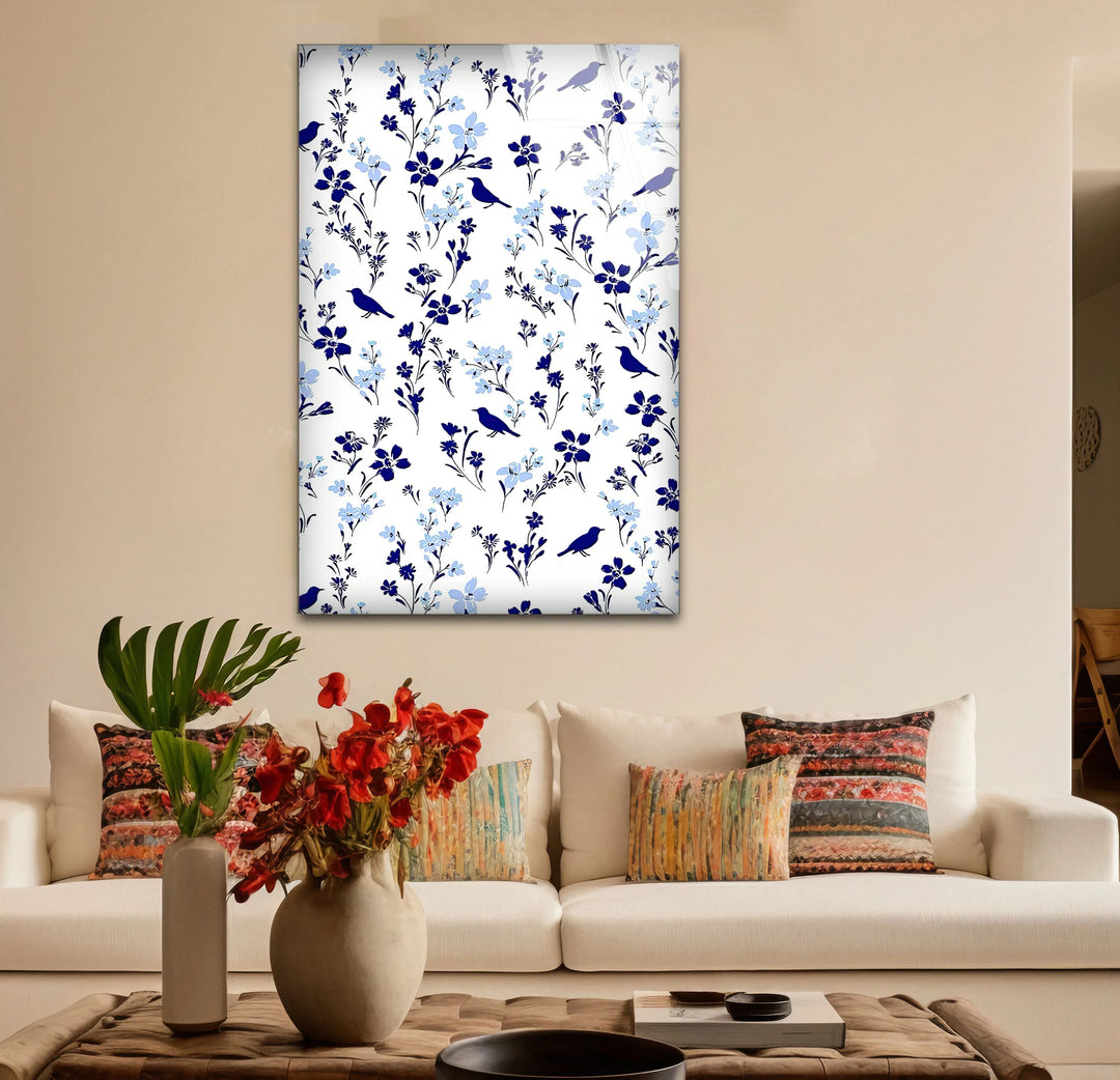 Blue Bird and Wildflower Pattern Wall Art – Elegant Floral Glass Print for Nature Lovers - MyPhotoStation