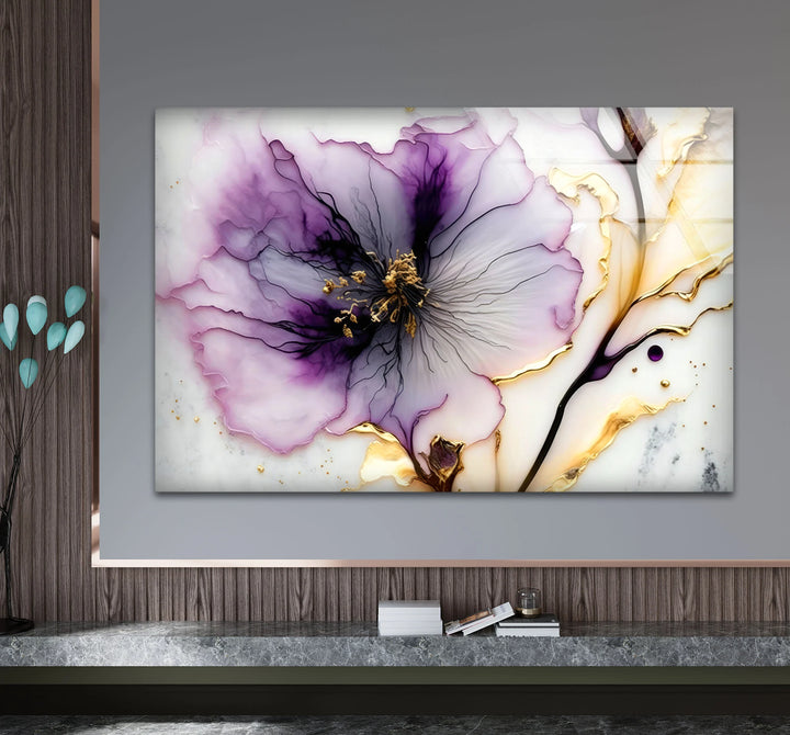 Purple and Gold Abstract Floral Wall Art – Luxury Glass Print for Elegant Interiors - MyPhotoStation