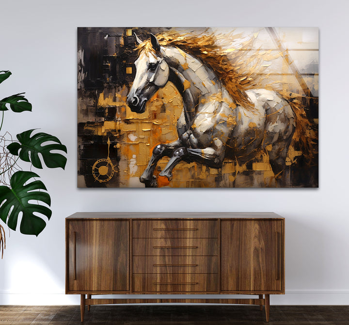 Golden Spirit Horse Wandkunst – Abstrakter Glasdruck mit rennendem Hengst