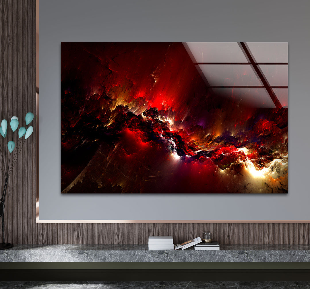 Crimson Nebula Wall Art – Fiery Red Abstract Galaxy Glass Print